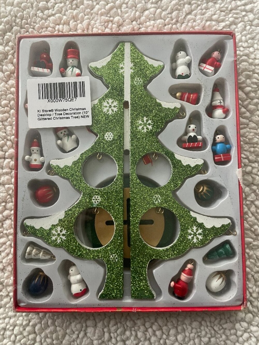 Wooden Christmas Tree Miniature Ornaments with Tree and Stand Hand Painted New